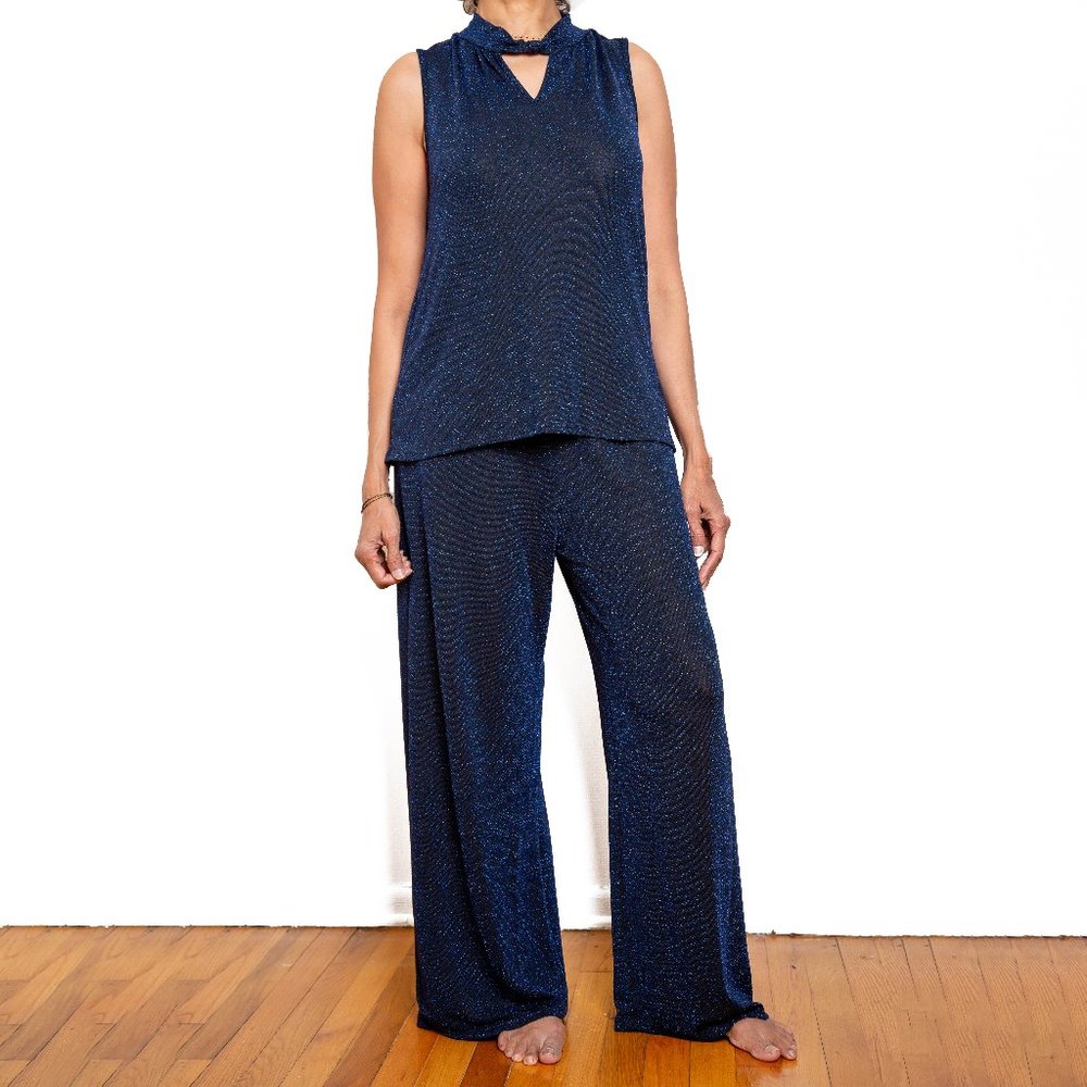 Emi & Joe Pant Set Navy Metallic Shimmer Sleeveless Size L
